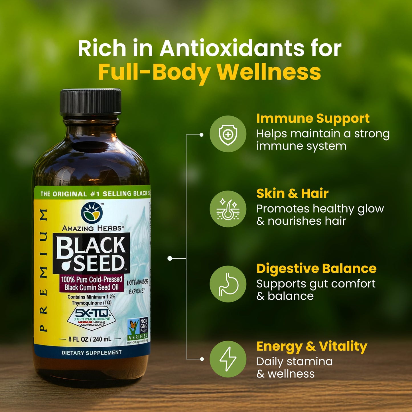 Amazing Herbs Premium Liquid Black Seed Oil - Cold Pressed with Nigella & Sativa, Aids in Digestive Health, Omegas 3 6 & 9, Immune Support, Brain Function Amazing Herbs