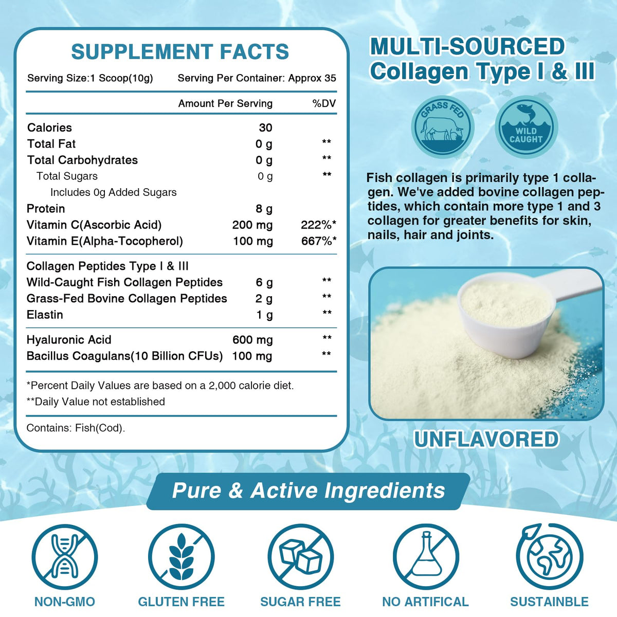 NATURE TARGET Marine Collagen Peptides Powder - Type I & III Collagen with Probiotics, Vitamin C & Hyaluronic Acid for Skin, Hair, Nails NATURE TARGET