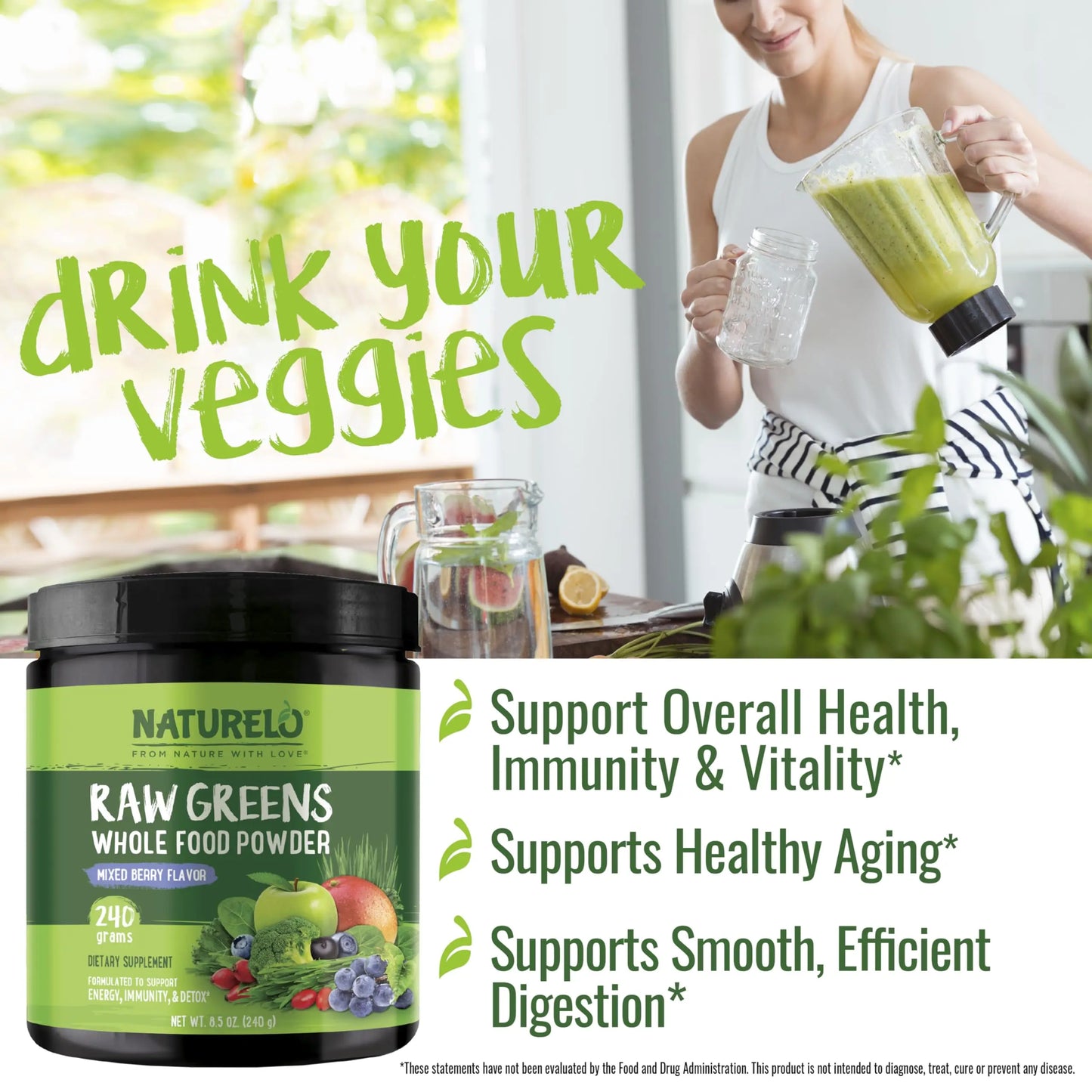 NATURELO Raw Greens Superfood Powder 240 Grams, Mixed Berry - Supports Energy, Immunity and Detox - Includes Spirulina, Wheat Grass and Organic Greens for Whole Food Nutrition NATURELO