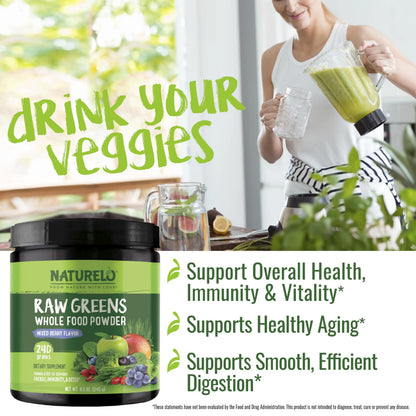 NATURELO Raw Greens Superfood Powder 240 Grams, Mixed Berry - Supports Energy, Immunity and Detox - Includes Spirulina, Wheat Grass and Organic Greens for Whole Food Nutrition NATURELO