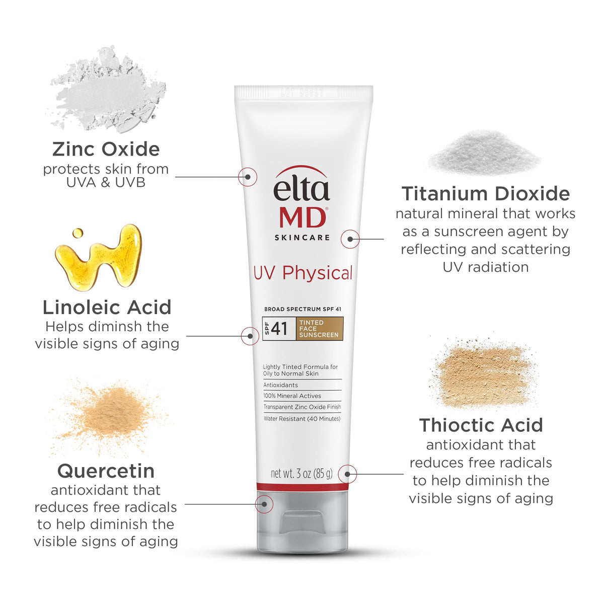 EltaMD UV Physical Tinted 100% Mineral Face Sunscreen, SPF 41, 3 oz EltaMD
