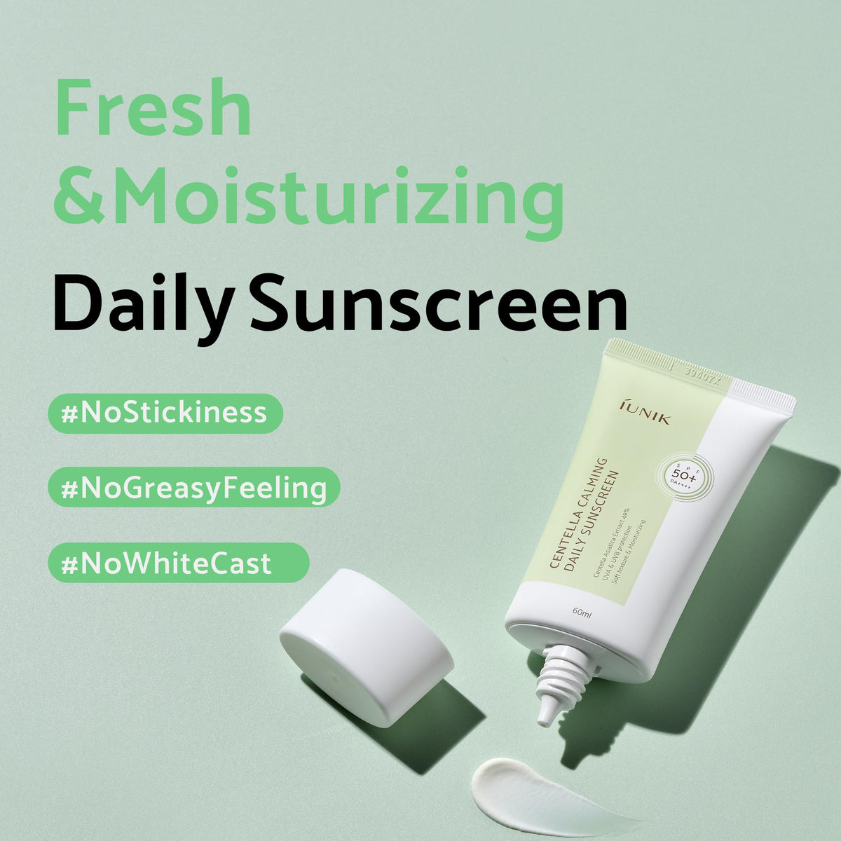 IUNIK Centella Calming Moisture Daily Sunscreen SPF 50+ PA++++ Matte & No White Cast Centella Asiatica Dry Oily Sensitive Vegan Korean Skincare IUNIK