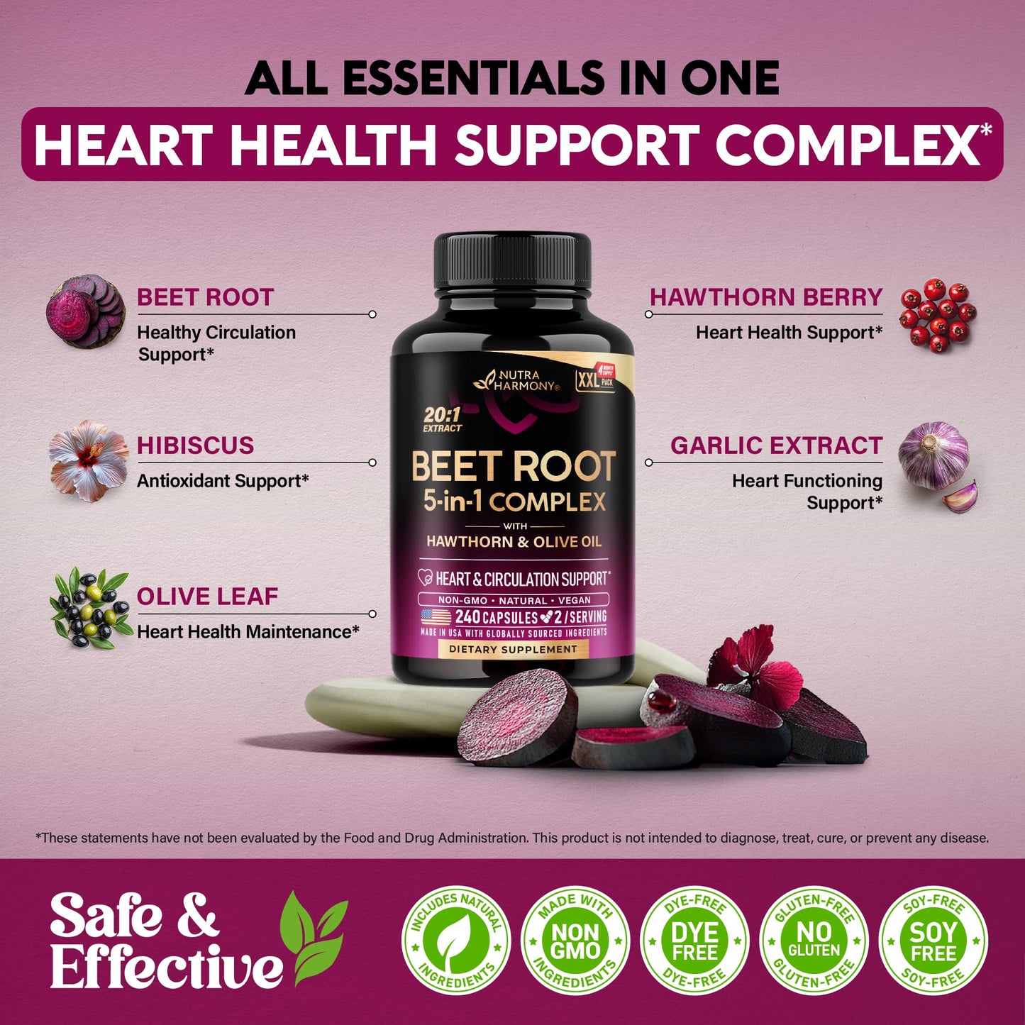 Beet Root 5-in-1 Complex Capsules - Healthy Blood Pressure Support Supplement** for Heart & Circulation Support - with Hawthorn Berry, Hibiscus & Garlic NUTRAHARMONY