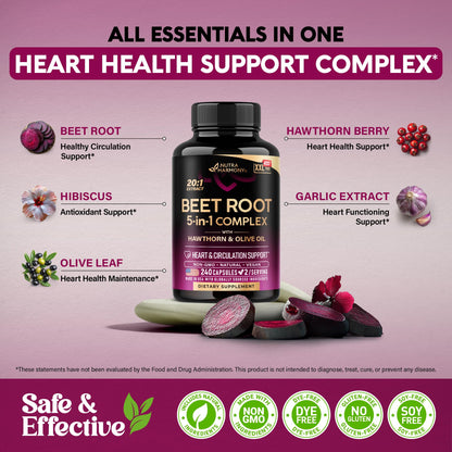 Beet Root 5-in-1 Complex Capsules - Healthy Blood Pressure Support Supplement** for Heart & Circulation Support - with Hawthorn Berry, Hibiscus & Garlic NUTRAHARMONY