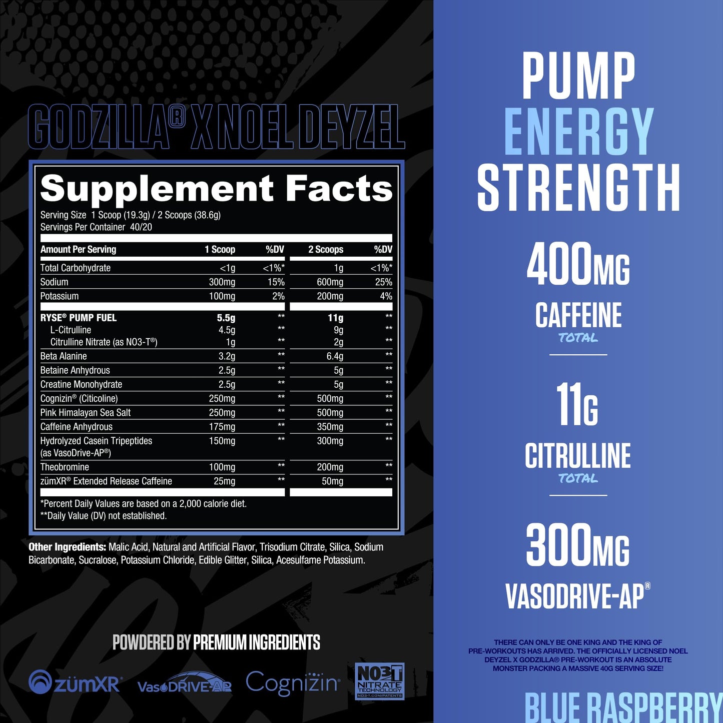 RYSE Godzilla X Noel Deyzel Pre Workout Powder - Monsterberry Lime - 400mg Caffeine, High Stim Pre-Workout for Men & Women with Citrulline & Beta Alanine - Energy, Pump & Focus - 20/40 Servings
