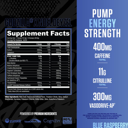RYSE Godzilla X Noel Deyzel Pre Workout Powder - Monsterberry Lime - 400mg Caffeine, High Stim Pre-Workout for Men & Women with Citrulline & Beta Alanine - Energy, Pump & Focus - 20/40 Servings