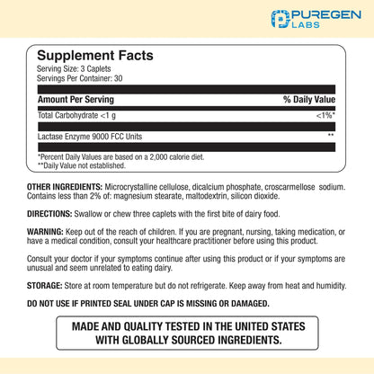 Puregen Labs Dairy Relief Natural Fast Acting Lactase Enzyme 3000 FCC, Lactose Intolerance Pills 90 Caplets P Puregen Labs