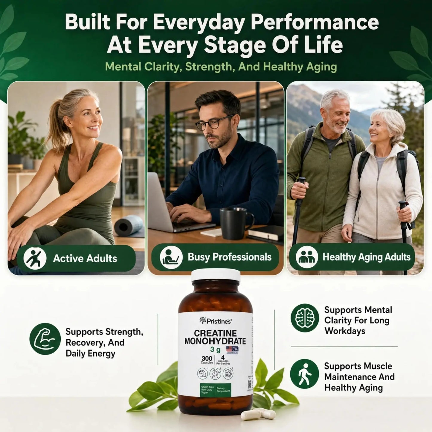 PRISTINE'S Creatine Monohydrate Capsules for Women & Men - NSF Certified 75 Day Supply 3G Creatine Pills for Women - Cognitive & Athletic Performance Support PRISTINE'S