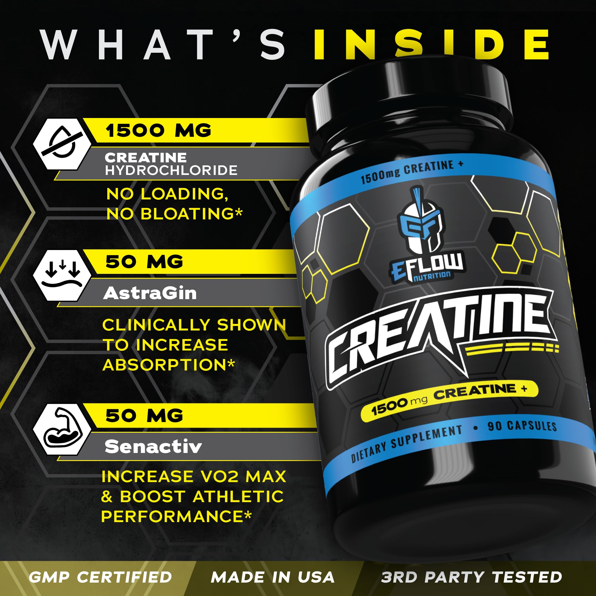 eFlow Creatine Capsules, HCL Creatine Pills - Creatine Supplement for Men & Women, Muscle Builder, Endurance, Strength, with AstraGin and Senactiv (1500mg, 90 Capsules) eFlow Nutrition buy australia supplements