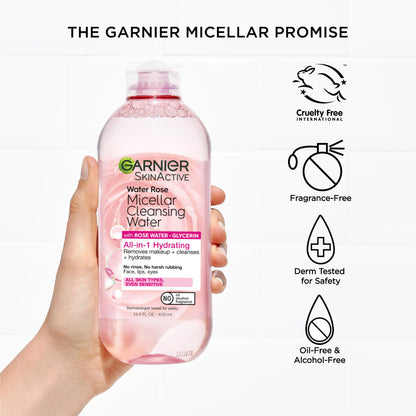 Garnier Micellar Water with Rose Water and Glycerin, Hydrating Facial Cleanser & Makeup Remover, For All Skin Types, Vegan, Cruelty Free, 13.5 Fl Oz (400mL), 1 Count Garnier
