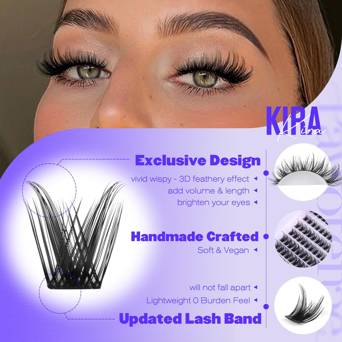 Pawotence Lash Clusters Wispy Kira Cluster Eyelash Extensions 10-18mm Individual Lashes DIY Cluster Lashes Extension Soft Comfortable Eyelash Clusters with Thin Band Pawotence