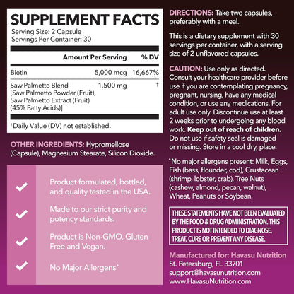 Saw Palmetto for Women with Bitoin 5000mcg Per Serving, 30-Day Supply | Vegan, Non-GMO DHT Blocker for Women for Hair, Skin and Nails, Saw Palmetto Extract with Biotin for Thicker Looking Hair Gsupps Australia