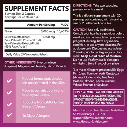Saw Palmetto for Women with Biotin 5000mcg - Powerful DHT Blocker to Support Hair, Skin, and Nail Health - 60 Count - Vegan, Non-GMO Vitamin for Stronger, HAVASU NUTRITION