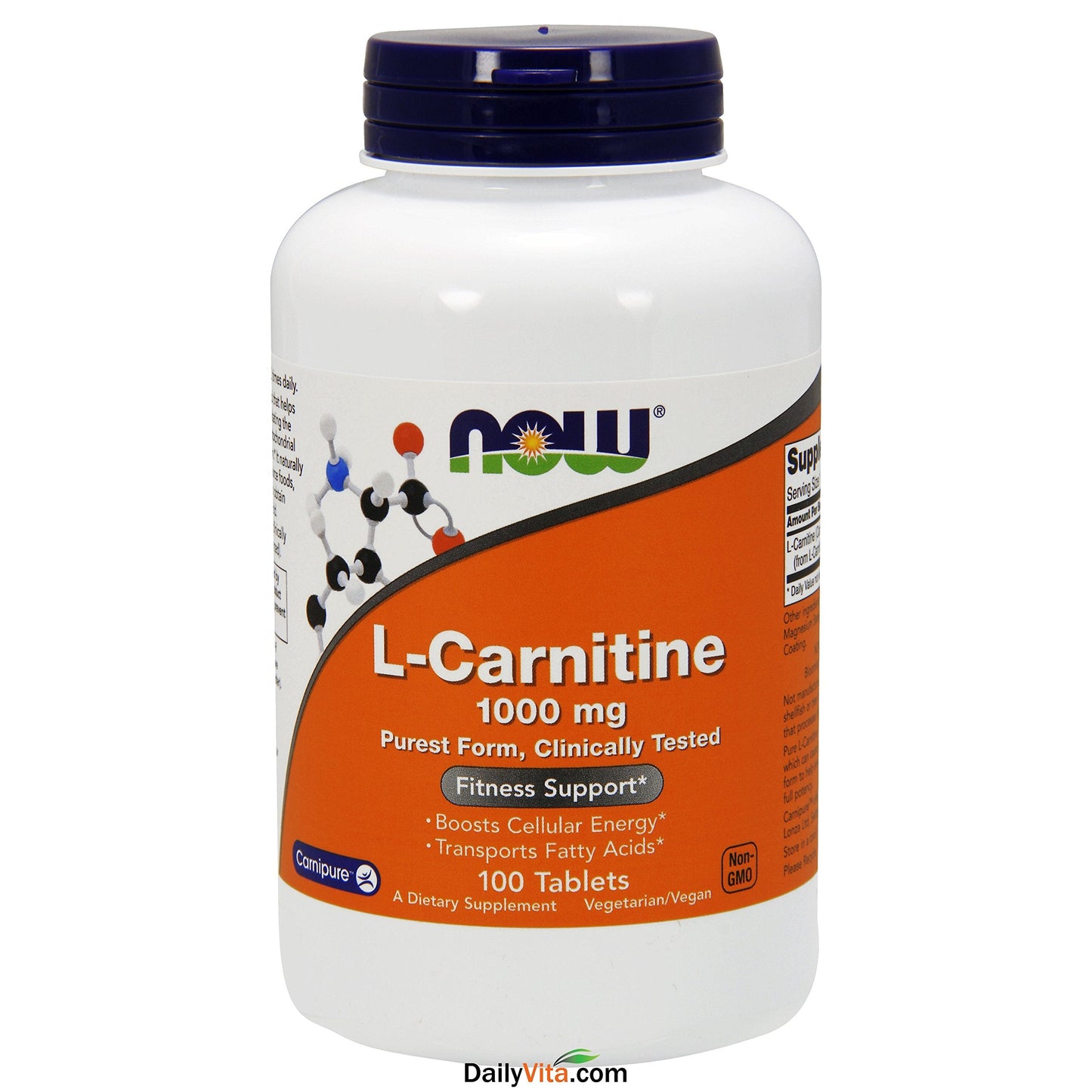 NOW Foods Supplements, L-Carnitine 1,000 mg, Purest Form, Amino Acid, Fitness Support*, 100 Tablets Gsupps Australia