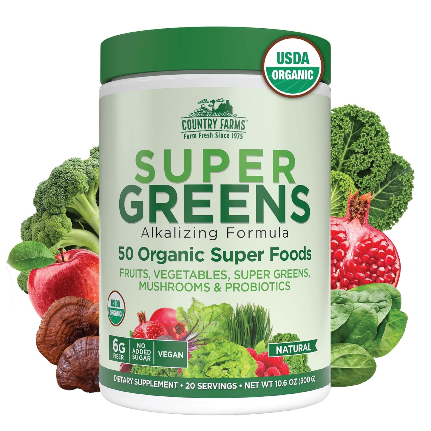 Country Farms Organic Super Greens Natural Flavor, 50 Organic Super Foods, Packed with Fiber, USDA Organic Drink Mix, Fruits, Vegetables, Mushrooms & Probiotics Country Farms