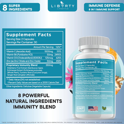8 in 1 Immune Defense Support, Immunity Vitamins Supplement Booster Zinc 50mg, Vitamin C Elderberry VIT D3 5000 IU, Turmeric Curcumin & Ginger Liberty Lifestyle