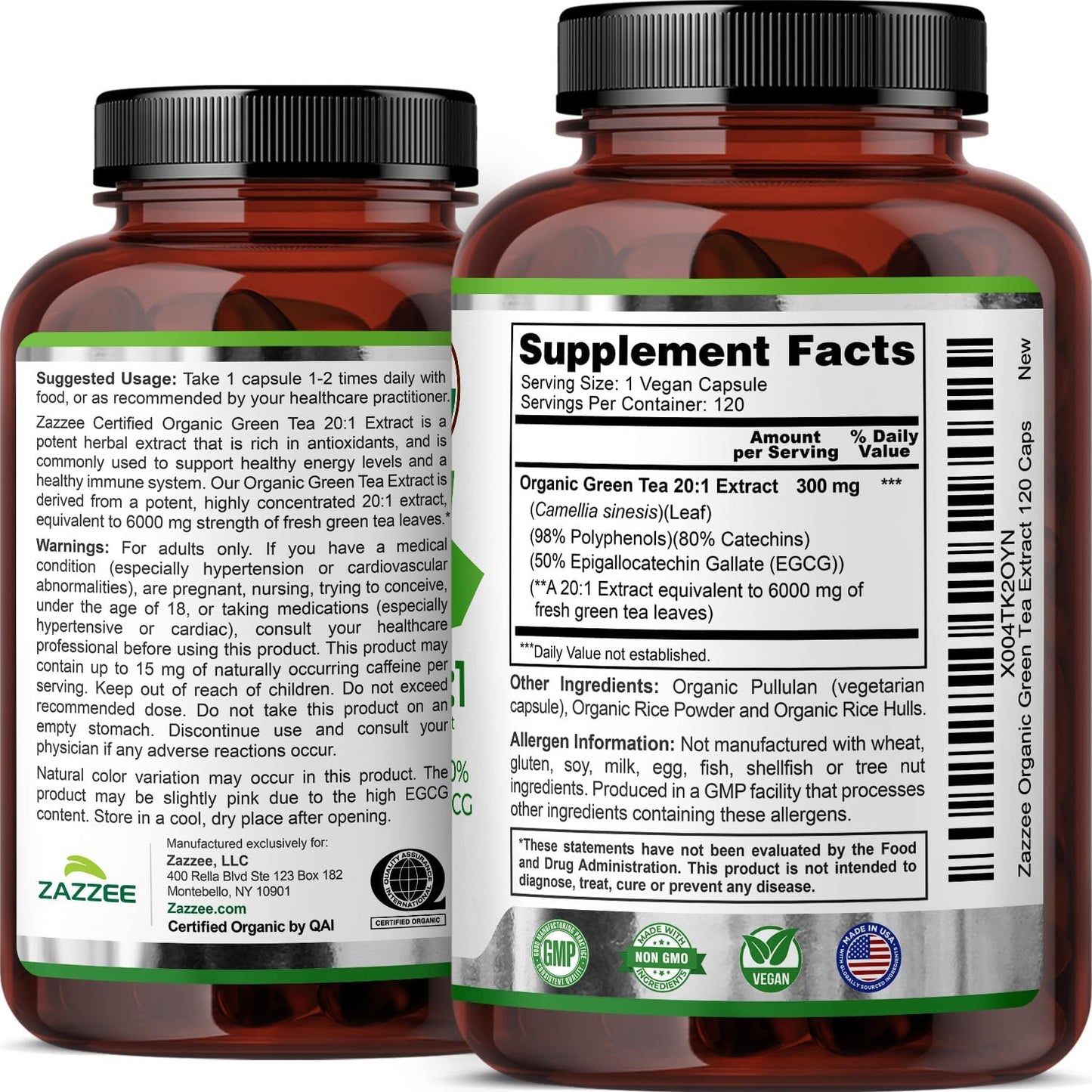 Zazzee USDA Organic Green Tea 20:1 Extract, 120 Vegan Capsules, 50% EGCG | 98% Polyphenols, 80% Catechins, 4 Month Supply, Antioxidant, Metabolism & Energy Support, Non-GMO, All-Natural, Made in USA Gsupps Australia