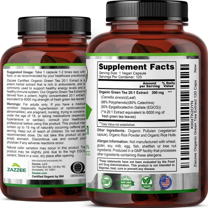 Zazzee USDA Organic Green Tea 20:1 Extract, 120 Vegan Capsules, 50% EGCG | 98% Polyphenols, 80% Catechins, 4 Month Supply, Antioxidant, Metabolism & Energy Support, Non-GMO, All-Natural, Made in USA Gsupps Australia
