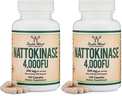 Nattokinase Supplement 4,000 FU Servings, 120 Capsules (Derived from Japanese Natto) Systemic Enzymes for Cardiovascular and Circulatory Support by Double Wood