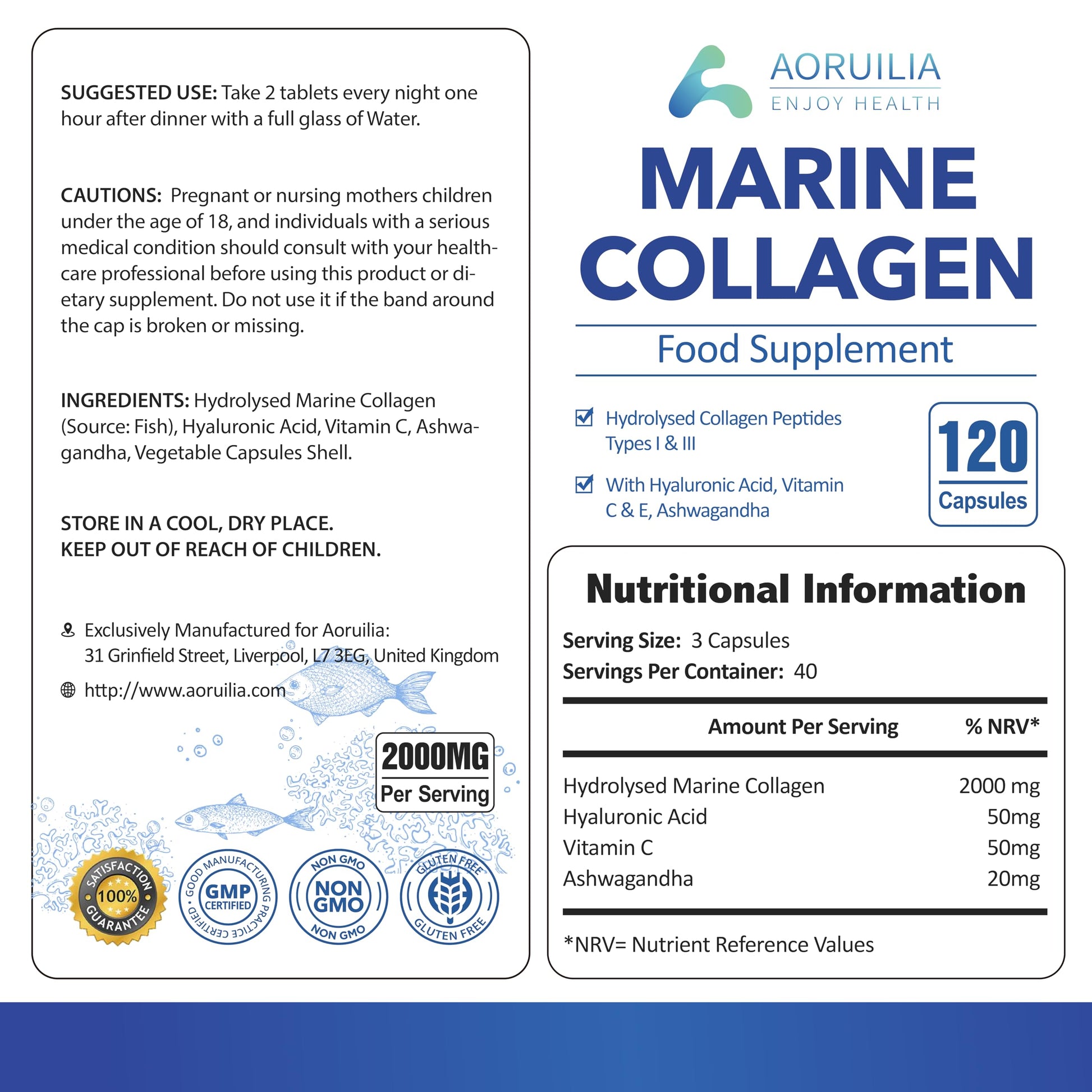 Marine Collagen Supplements for Women Men 2000mg 120 Capsules Hyaluronic Acid, Vitamin C, Vitamin E, & Ashwagandha Aoruilia buy australia supplements