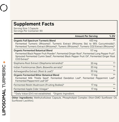 Codeage Organic Turmeric Supplement, Ashwagandha, Ginger, 90 Capsules | Organic fermented turmeric supplement with 95% curcumin, ashwagandha, boswellia, ginger and reishi, with liposomal delivery.
