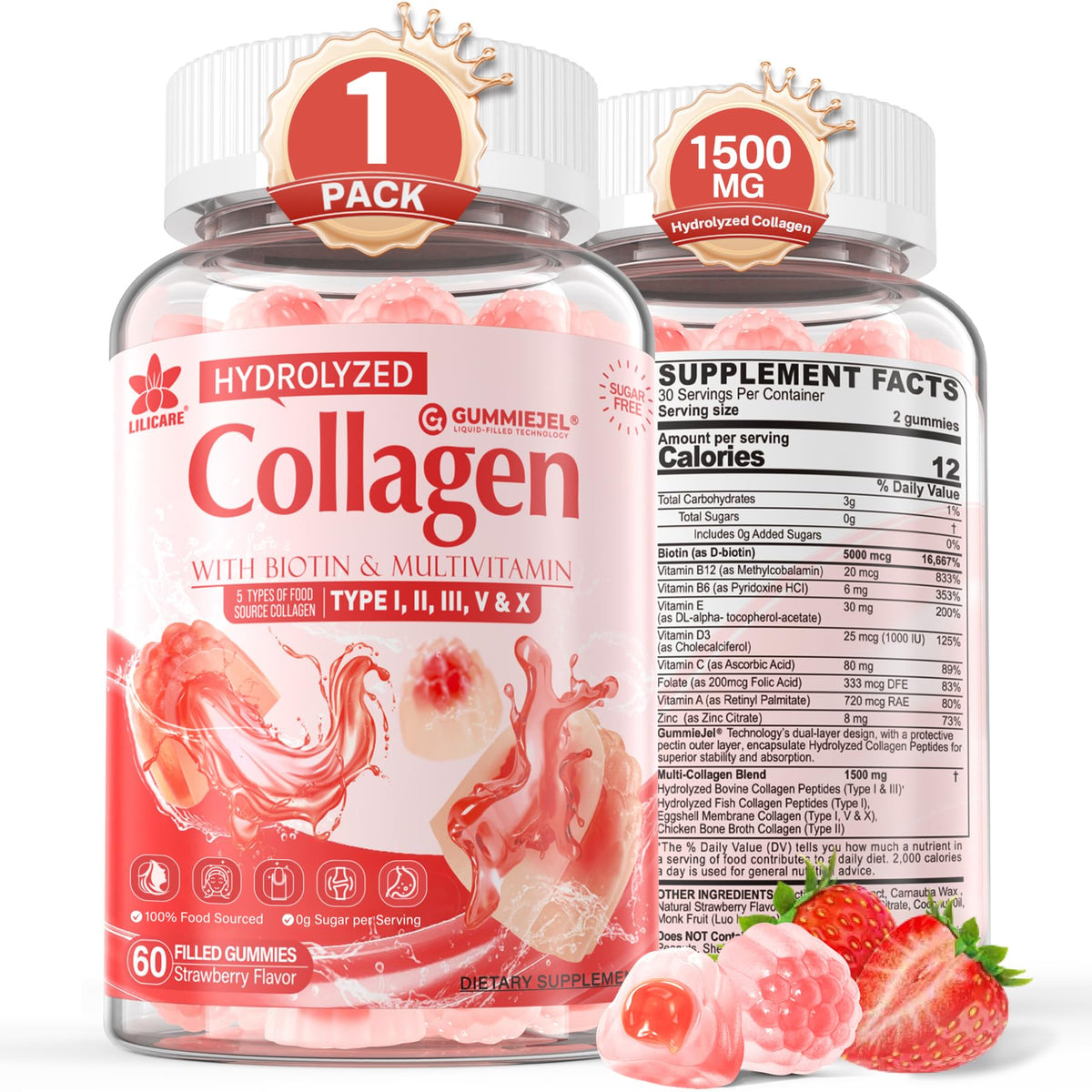 Collagen Peptide Gummies for Women & Men Sugar-Free, Multi Collagen Hydrolyzed w/ 1500mg Protein Type I,II,III,V,X, 5000mcg Biotin, Methylated B12, Vitamin C A E D3 B6 LILICARE