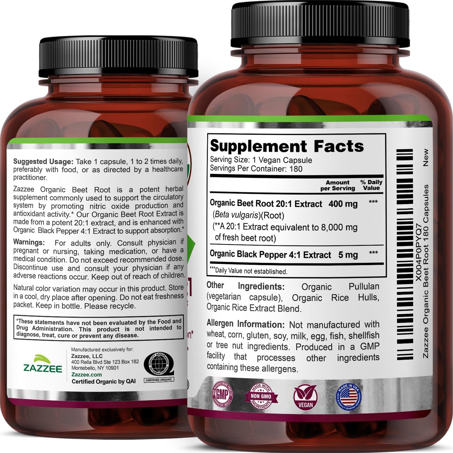 Zazzee USDA Organic Beet Root 20:1 Extract, 120 Quick Release Capsules | 4 Month Supply, Vegan, Nitric Oxide Support, Black Pepper Extract for Enhanced Absorption, Certified Kosher, Made in the USA Gsupps Australia