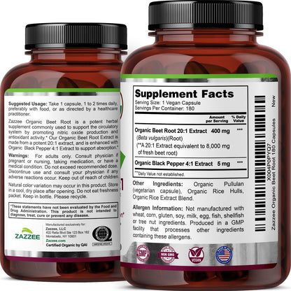 Zazzee USDA Organic Beet Root 20:1 Extract, 120 Quick Release Capsules | 4 Month Supply, Vegan, Nitric Oxide Support, Black Pepper Extract for Enhanced Absorption, Certified Kosher, Made in the USA Gsupps Australia