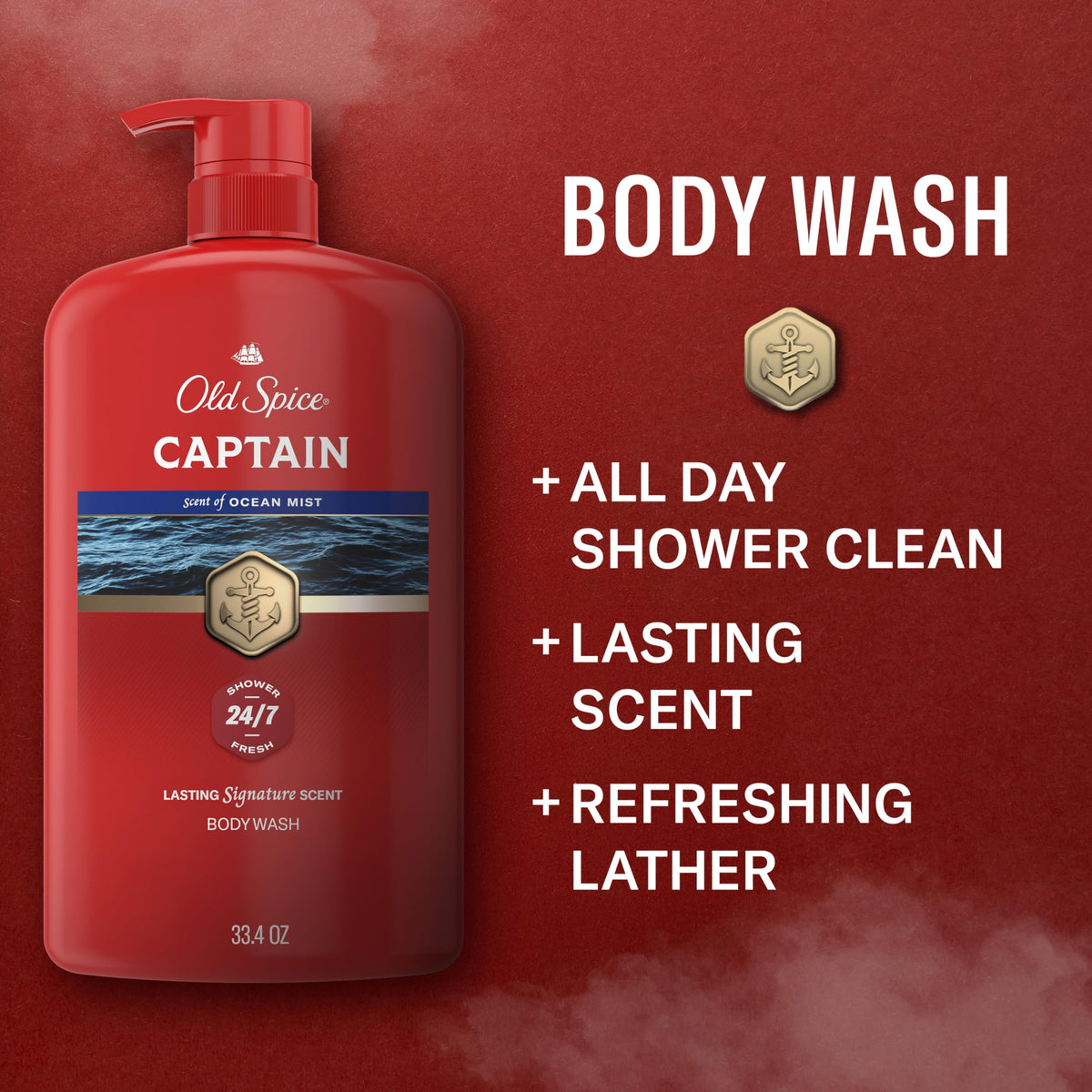 Old Spice Refreshing Body Wash for Men, 3X Defense, 24/7 Shower Fresh with Long Lasting Scent, Red Collection, Captain with Bergamot Scent, 33.4 oz Old Spice