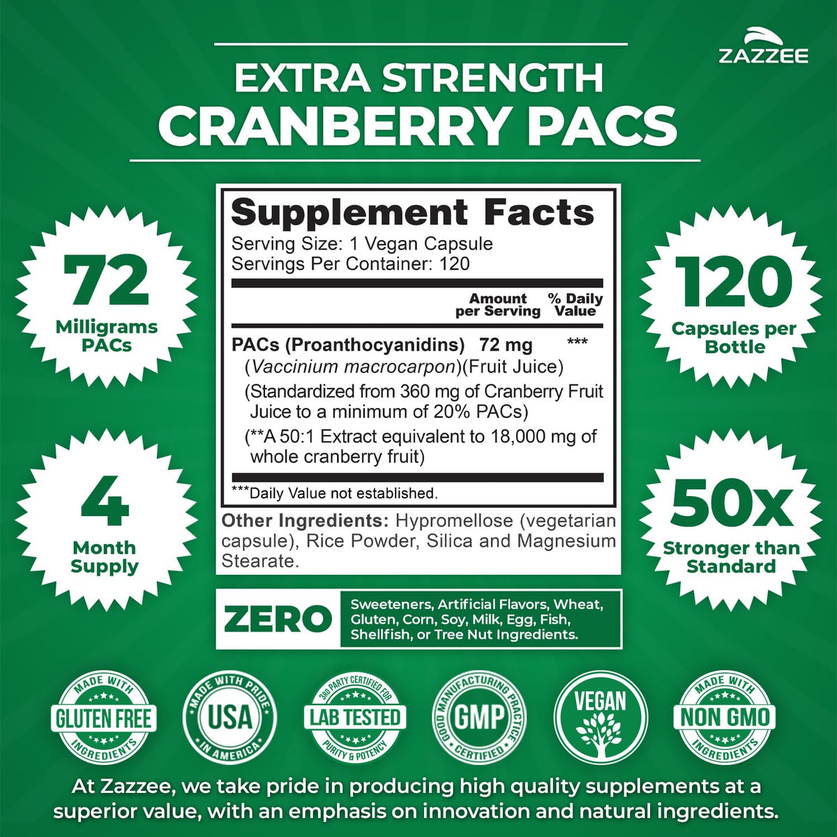 Zazzee Cranberry PACs 72 mg per Capsule, 50:1 Extract, 120 Vegan Capsules, 2X Strength, 4 Month Supply, Fast-Acting, Effective Urinary Tract & Bladder Support Zazzee