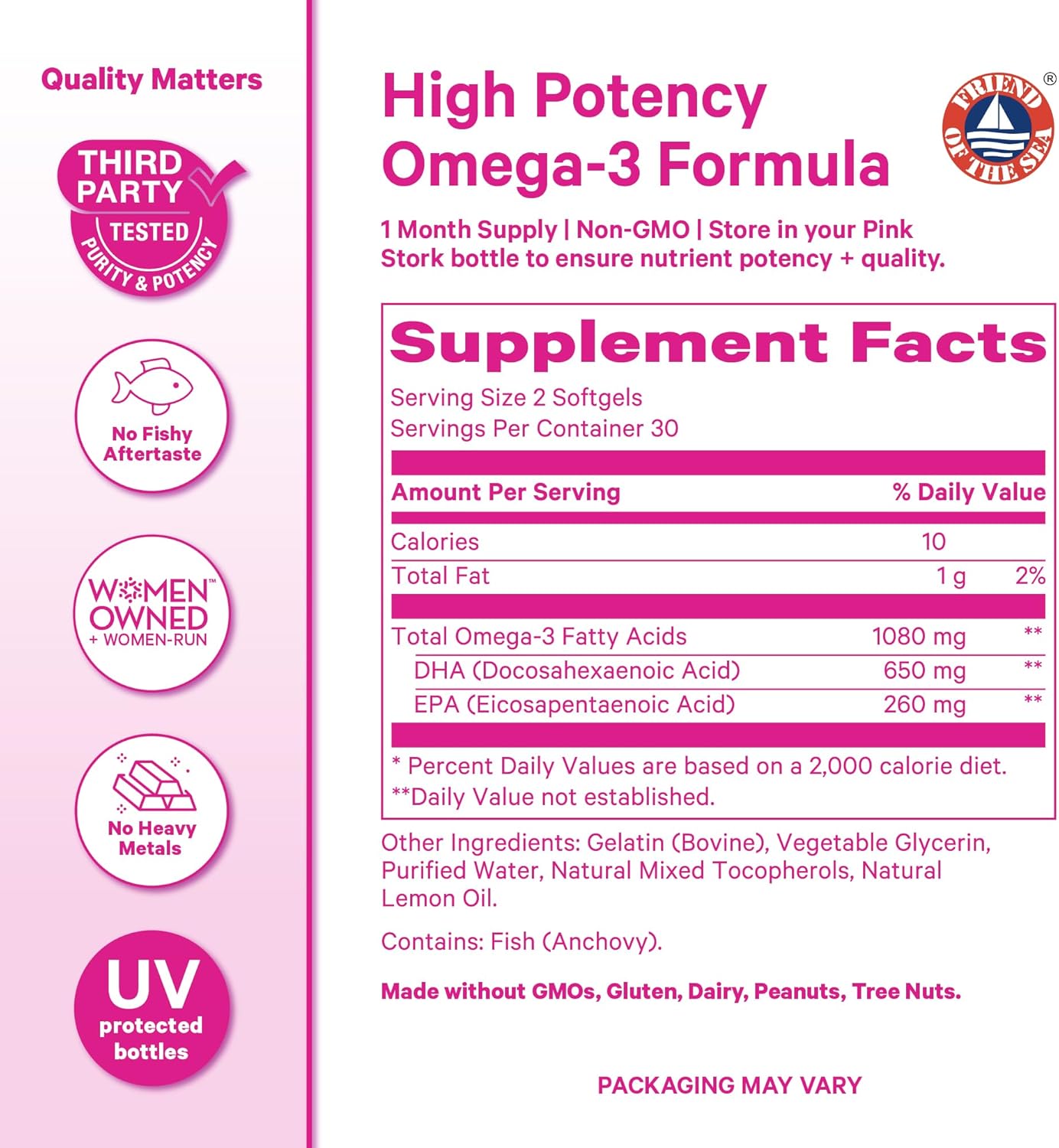 Pink Stork Omega 3 Fish Oil Supplements for Women, 60 Softgels | DHA + EPA, High Potency, Burpless, Mental Clarity, Cognitive Health, Fetal Brain + Nervous System Development, 2 Month Supply