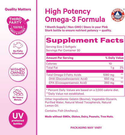 Pink Stork Omega 3 Fish Oil Supplements for Women, 60 Softgels | DHA + EPA, High Potency, Burpless, Mental Clarity, Cognitive Health, Fetal Brain + Nervous System Development, 2 Month Supply