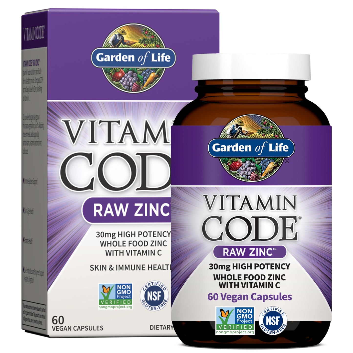 Garden of Life Zinc Supplements 30mg High Potency Raw Zinc and Vitamin C Multimineral Supplement, Vitamin Code Vitamins Trace Minerals & Probiotics Garden of Life