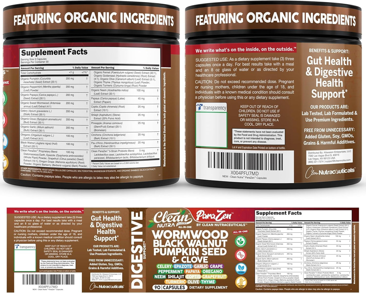 Clean Nutra Wormwood Black Walnut Pumpkin Seed Clove Oil Celery Garlic Grape Papaya Neem Diatomaceous Earth Womens Probiotic Gut Health Cleanse Detox Oregano Clean Nutraceuticals