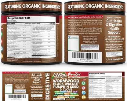 Clean Nutra Wormwood Black Walnut Pumpkin Seed Clove Oil Celery Garlic Grape Papaya Neem Diatomaceous Earth Womens Probiotic Gut Health Cleanse Detox Oregano Clean Nutraceuticals