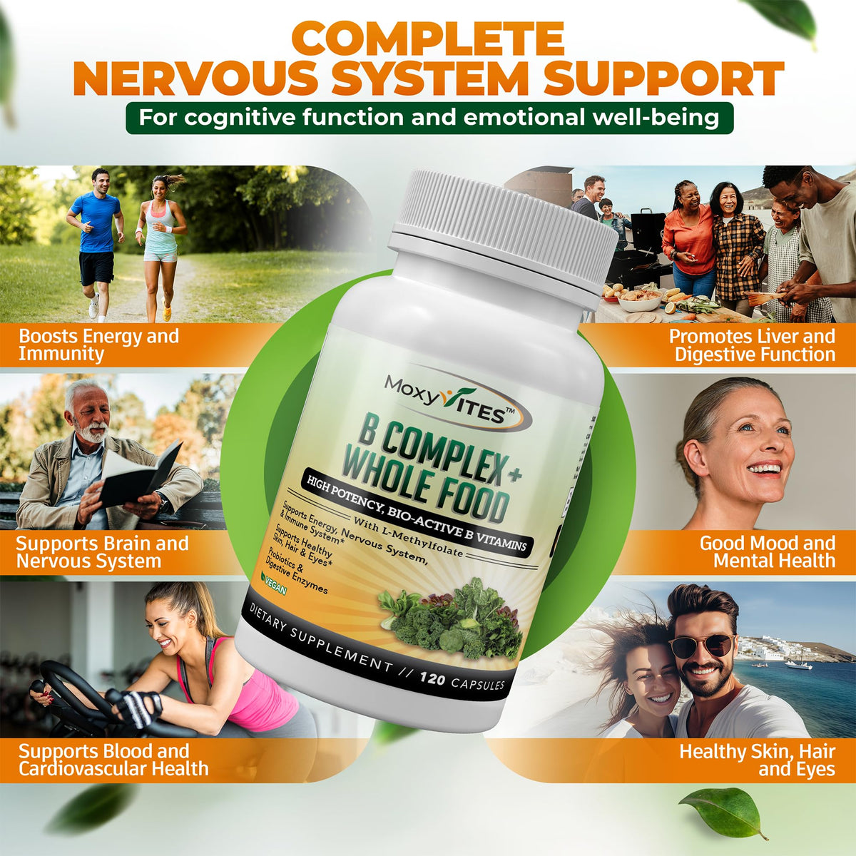 MoxyVites Vitamin B Complex - B Vitamins Whole Food Supplement, B12 Methylcobalamin, B1, B2, B3, B5, B6, B7, B9 - for Stress MoxyVites