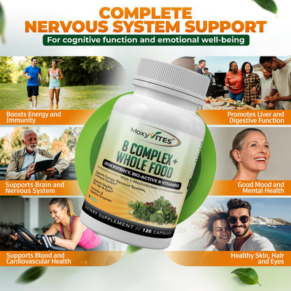 MoxyVites Vitamin B Complex - B Vitamins Whole Food Supplement, B12 Methylcobalamin, B1, B2, B3, B5, B6, B7, B9 - for Stress MoxyVites