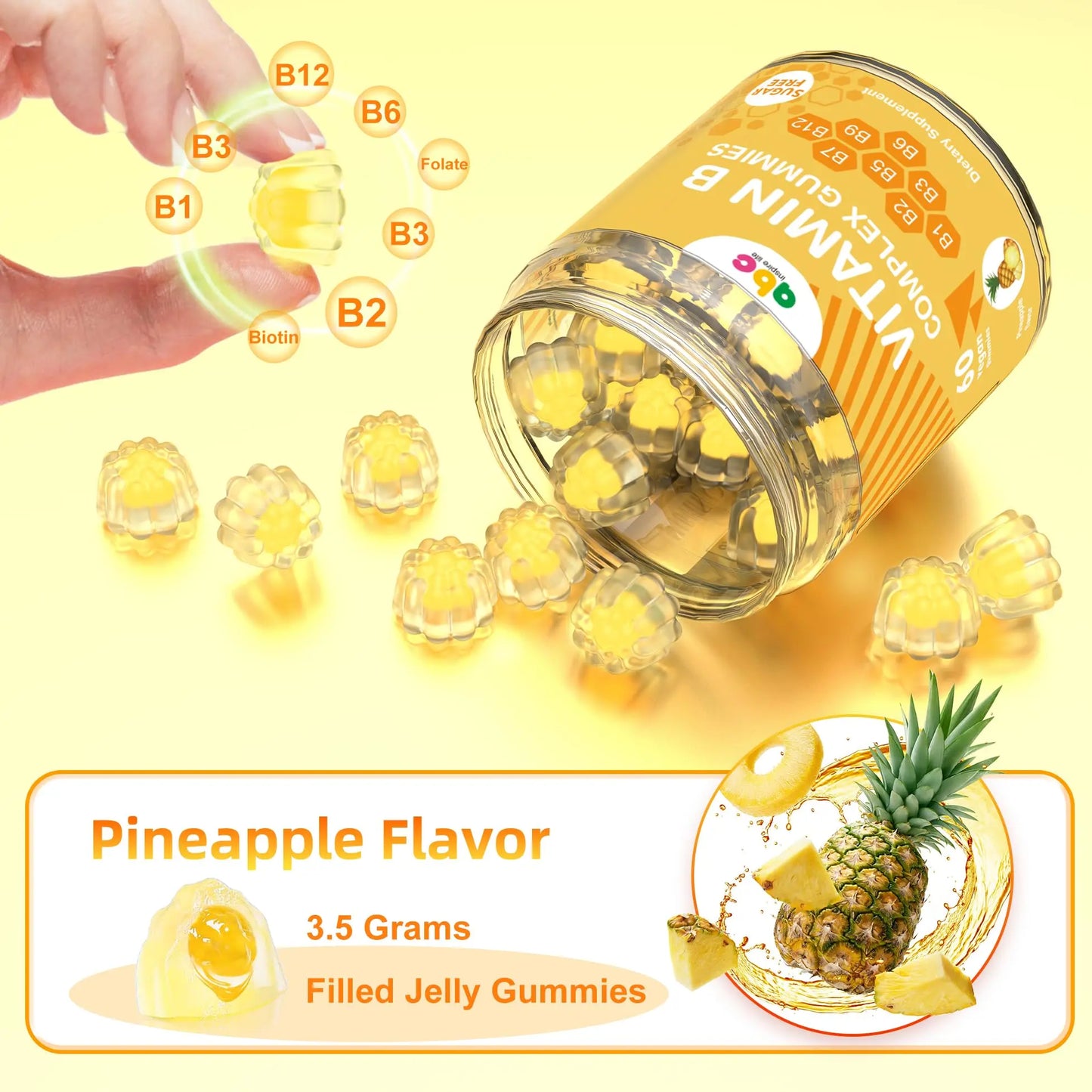 NEWOLITE Vitamin B Complex Gummies for Adult Kid-Pineapple Flavor-Chewable Supplement with 8 Essential B Vitamins NEWOLITE