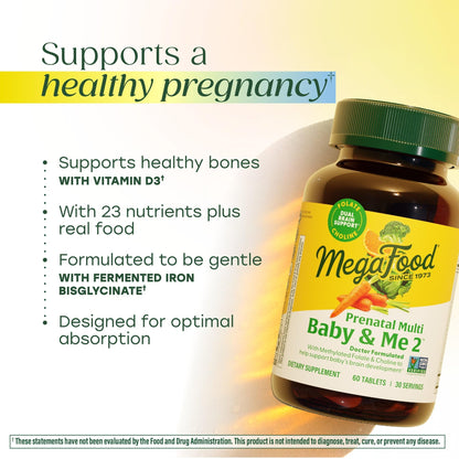 MegaFood Baby & Me 2 Prenatal Vitamin and Minerals - Vitamins for Women - with Folate (Folic Acid Natural Form), Choline, Iron, Iodine, and Vitamin C MegaFood