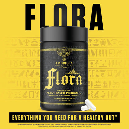 Ambrosia Flora Digestive Enzymes with Probiotics & Prebiotics | 32 Billion CFU Gut Health Supplement | Plant Based, Vegan Probiotic | 60 Veggie Capsules (30 Servings) Ambrosia