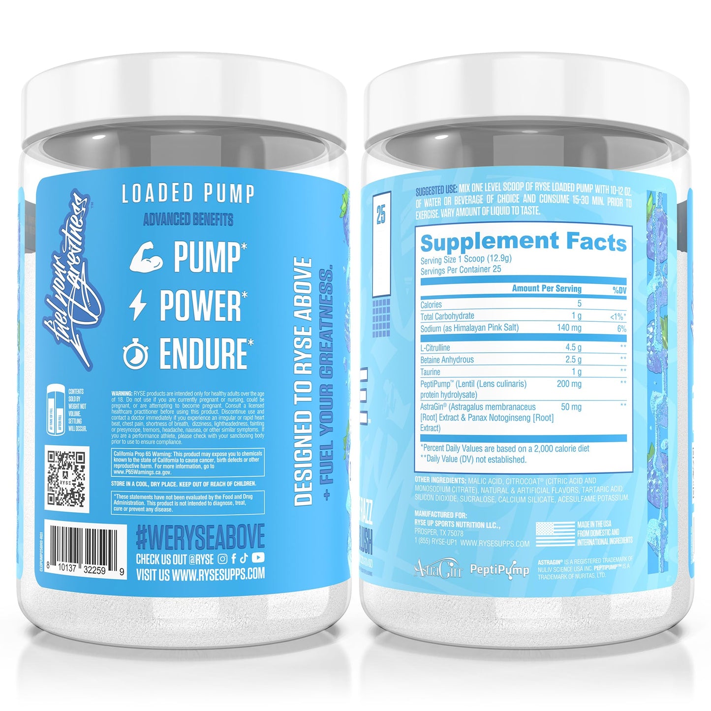 Ryse Loaded Pump Pre Workout Powder - Blue Razz Slush - No Caffeine Stimulant Free Formula for Pump, Power & Endurance - L-Citrulline, PeptiPump, Betaine Anhydrous, Taurine & AstraGin - 25 Servings