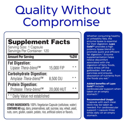 Enzymedica Lypo Gold - Protease, Amylase & Lipase Digestive Enzymes for Women & Men, Enzyme Supplement for Fat Digestion, Gut Health & Gallbladder Support, Helps Gas & Bloating, Gluten Free - 60 Caps Gsupps Australia