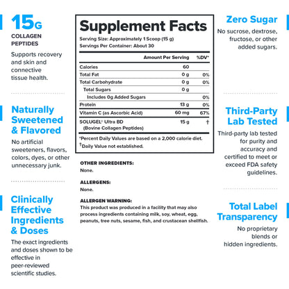 LEGION Athletics Hydrolyzed Collagen Peptides Powder - Solugel Ultra BD Bovine Collagen with Vitamin C - Joint, Skin, and Nail Support - Unflavored, 30 Servings