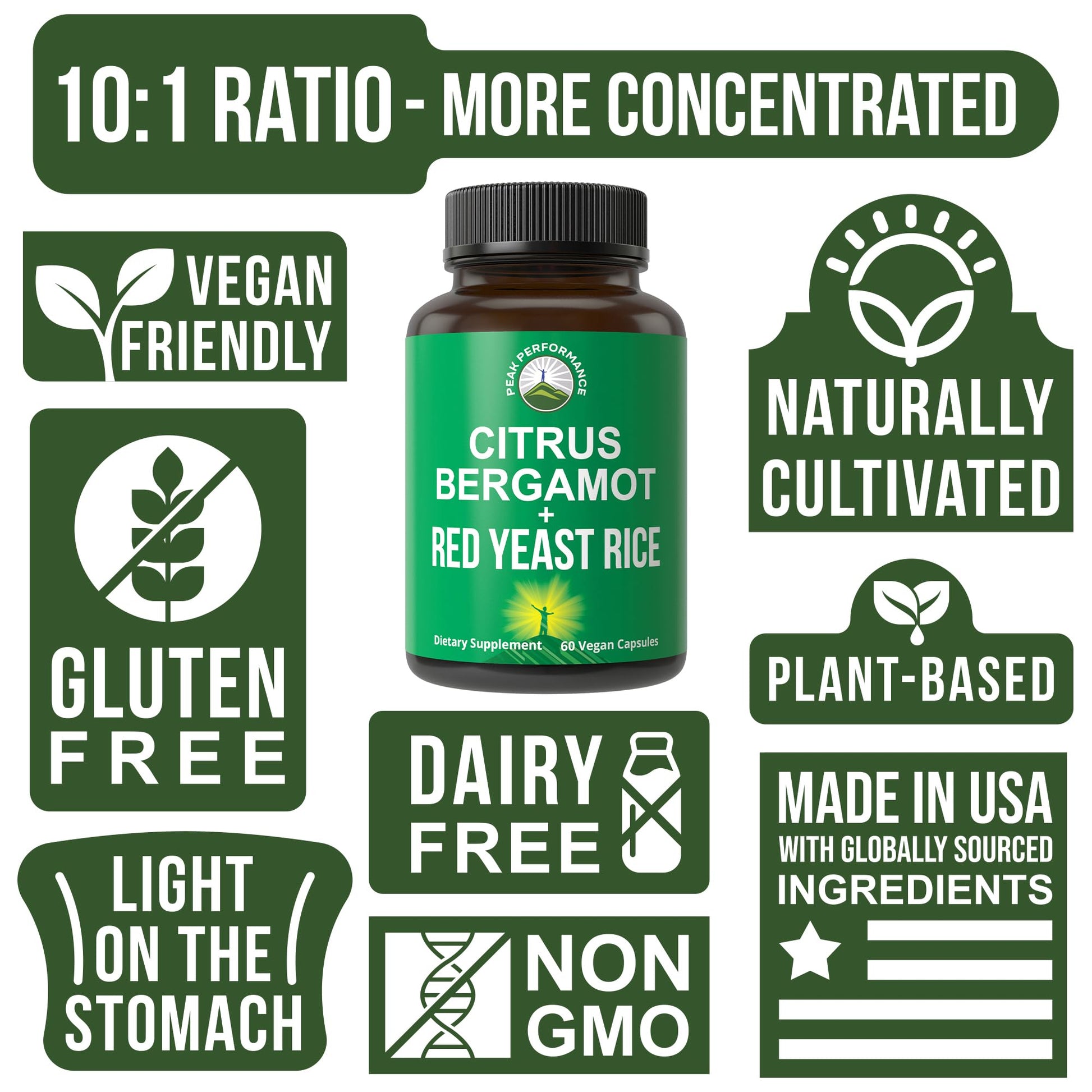 Peak Performance Citrus Bergamot + Red Yeast Rice. 2-in-1 Supplement. High Strength 10:1 Bergamot Extract. No Gluten, Zero Sugar, Vegan Capsules Peak Performance