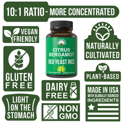 Peak Performance Citrus Bergamot + Red Yeast Rice. 2-in-1 Supplement. High Strength 10:1 Bergamot Extract. No Gluten, Zero Sugar, Vegan Capsules Peak Performance