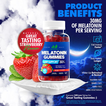Melatonin 30mg Gummies for Adults (60 Servings) - Maximum Strength Sleep Support with 30mg of Melatonin Per Gummy - Gluten-Free, Sugar-Free, Non-GMO, 100% Vegetarian, Just Nutrients
