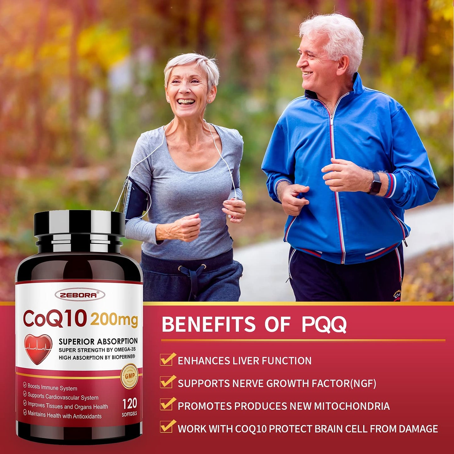 ZEBORA CoQ10-200mg-Softgels with PQQ, BioPerine & Omega-3, 120 Servings Coenzyme Q10(Ubiquinone) Supplement for High-Absorption, Powerful-Antioxidant ZEBORA
