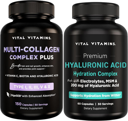 Vital Vitamins Multi-Collagen Plus 150 ct + Hyaluronic Acid Hydration Complex 60 ct Gsupps Australia
