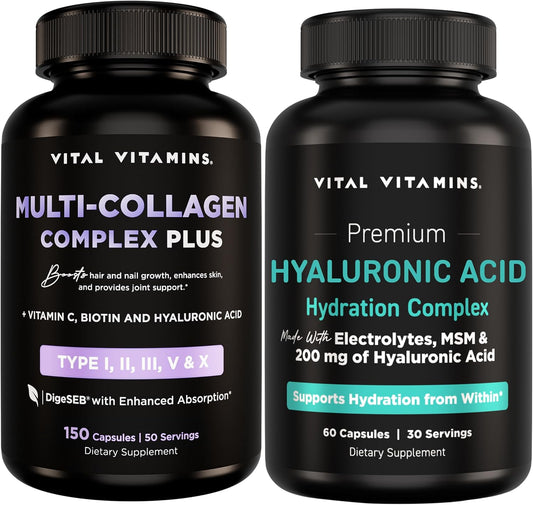 Vital Vitamins Multi-Collagen Plus 150 ct + Hyaluronic Acid Hydration Complex 60 ct Gsupps Australia