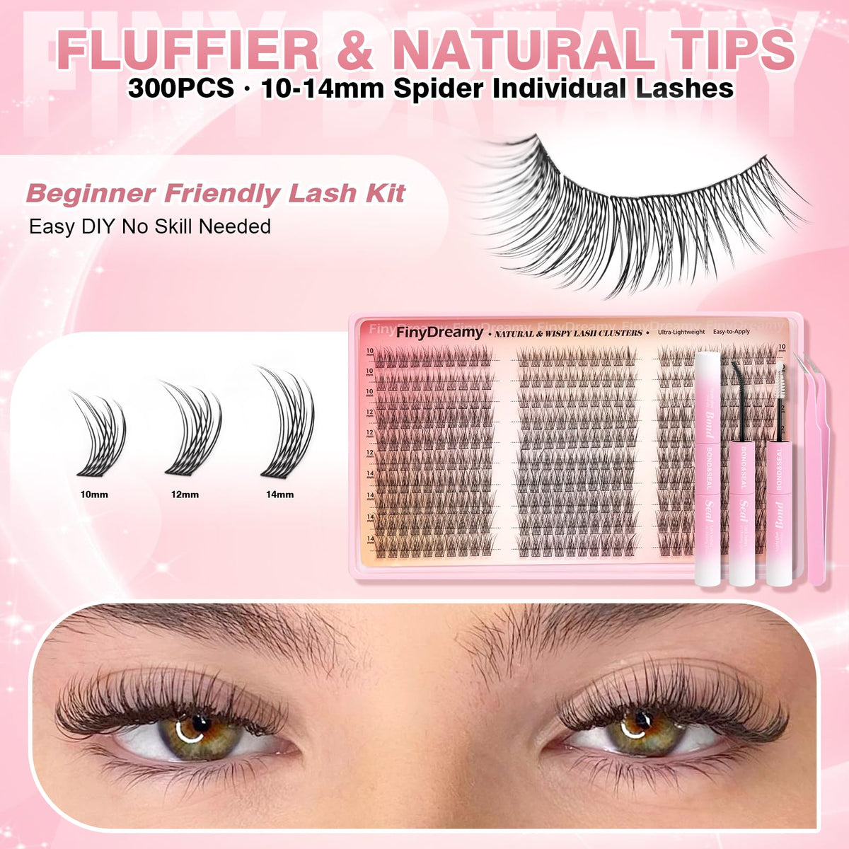 Natural Lash Clusters Kit 10-14MM Lashes Short Eyelash Clusters DIY Wispy Lash Extension Kit C Curl Individual Lashes Cluster Eyelash Extensions with Lash Glue Bond Seal Tweezers(300PCS) FinyDreamy